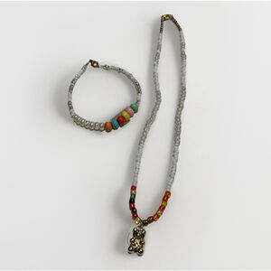 Handmade Artisan Necklace & Bracelet Set Gummy Bear Charm Seed and Clay Beads